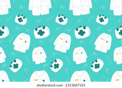 Patrón médico sin foco Perfecto Niños Aparato de caricatura de moda Textil para enfermería de cuidado de la salud Clínica de envolvimiento Farmacéutica de Collage Medicina de Emergencia Médico Ilustración Vector impreso