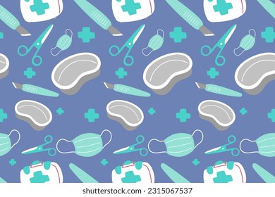 Patrón médico sin foco Perfecto Niños Aparato de caricatura de moda Textil para enfermería de cuidado de la salud Clínica de envolvimiento Farmacéutica de Collage Medicina de Emergencia Médico Ilustración Vector impreso