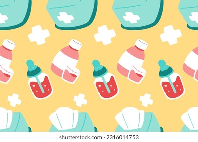 Patrón médico sin foco Perfecto Niños Aparato de caricatura de moda Textil para enfermería de cuidado de la salud Clínica de envolvimiento Farmacéutica de Collage Medicina de Emergencia Médico Ilustración Vector impreso