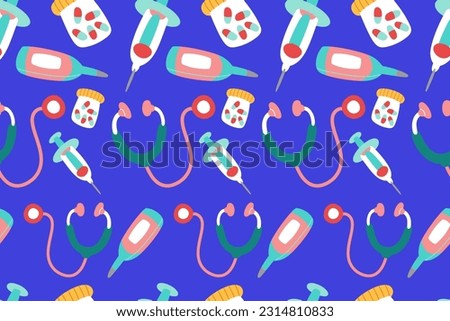 Cute Medical Seamless Pattern Perfect Kids Apparel Trendy Cartoon Textile for Healthcare nursery Hospital Clinic Wrapping Collage Drug Pharmacy Emergency Doctor Print Vector Illustrations