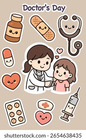 Cute medical sticker set in kawaii style featuring a smiling female doctor, stethoscope, pills, syringe, plaster, and other healthcare items. Perfect for nurse planners, medical-themed crafts