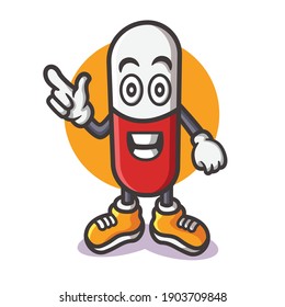 Cute Medicinal Capsule Red Mascot Character Vector Icon Illustration. Flat Cartoon Style.
