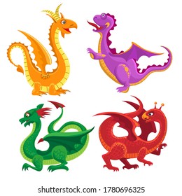 Cuidados dragones medievales. Monstruo mágico de dibujos animados de cuento de hadas, personajes mágicos de colores de cuento de fantasía, criaturas de ilustraciones vectoriales de animales de fantasía aislados en fondo blanco