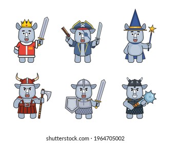 Cute medieval, fantasy rhino mascots. Cheerful rhino king, pirate, wizard, viking and knight. Modern vector illustration
