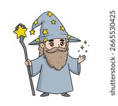 Cute medieval old wizard character vector illustration
