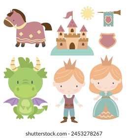 Cute medieval princess, prince and dragon set vector cartoon illustration