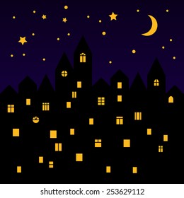 Cute medieval town at starry night black silhouette, vector illustration