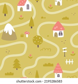 Cute medieval village pattern. Rural map seamless vector print for kids textile and fabric.
