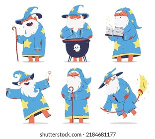 Cute medieval wizard vector cartoon characters set isolated on a white background.