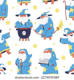 Cute medieval wizard vector cartoon seamless pattern background for wallpaper, wrapping, packing, and backdrop.