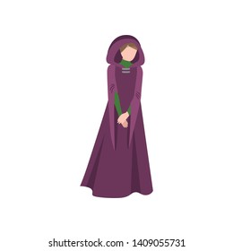Cute medieval woman in long textile colorful dress
