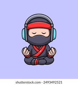 Cute meditate ninja cartoon illustration. yoga icon concept. Flat cartoon style