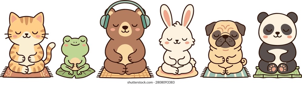 Cute Meditating Animals Vector Set with Cat, Frog, Bear, Rabbit, Dog, and Panda Sitting in Yoga Pose for Kids Designs and Prints
