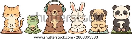 Cute Meditating Animals Vector Set with Cat, Frog, Bear, Rabbit, Dog, and Panda Sitting in Yoga Pose for Kids Designs and Prints
