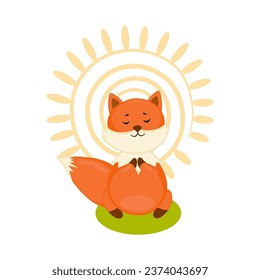 Cute meditating baby fox in sitting posture with sun symbol background. Yoga concept. Kids print design.
