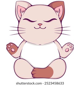 Cute meditating cat in kawaii style. Funny baby character. Kitten in yoga lotus position. Design element for poster, postcard, greeting card, children clothes, t-shirts