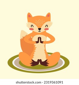 Cute meditating fox. Red fox doing yoga. Vector illustration in cartoon style. Beautiful fox on a fitness mat. Animal theme. Isolated background. Flat style. 