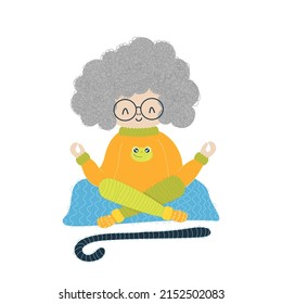 A cute meditating grandmother sits on a mat. Cartoon curly grandmother. Vector illustration Grandmother illustration isolated on white background.