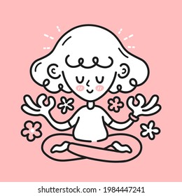 Cute meditating woman girl with happy brain inside. Vector cartoon character illustration icon. Isolated on white backgound. Girl, woman in mental harmony, meditation, mindfulness concept