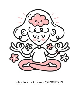 Una mujer meditante con un cerebro feliz dentro. Icono de ilustración de personaje de dibujos animados. Aislado sobre fondo blanco. Niña, mujer en armonía mental, meditación, concepto de mentalidad
