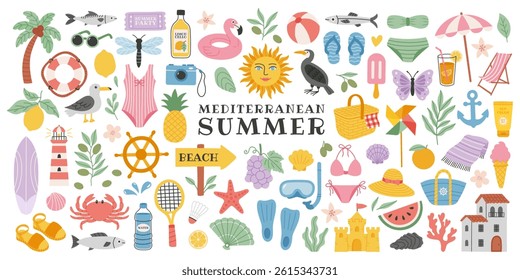 Cute mediterranean summer set. Dolce vita Italian beach elements. Hand drawn vector illustration