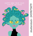 Cute Medusa design year of the snake. Chinese new year of the snake 2025 card with pretty woman with snakes hair. Medusa or Gorgon woman.