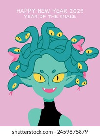 Cute Medusa design year of the snake. Chinese new year of the snake 2025 card with pretty woman with snakes hair. Medusa or Gorgon woman.