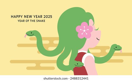 Cute Medusa girl with snakes hair. Happy new year of the snake 2025, chinese new year 2025 greeting card.