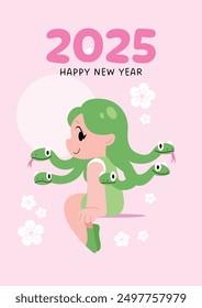 Cute medusa girl with snakes hair for chinese new year 2025. Lunar new year 2025 greeting card vector illustration with cute child.