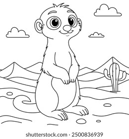 Cute meerkat on the desert background coloring page. Animal worksheet clipart