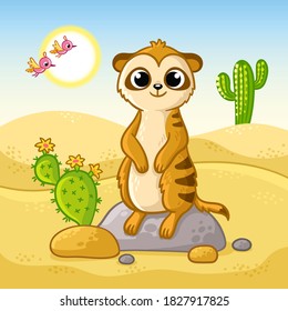 Cute meerkat stands stone in the desert among cacti   sand  Vector illustration and animal in cartoon style 
