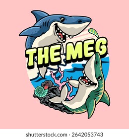 Cute Megalodon Aquatic Character Mascot in Vector Cartoon Illustration
