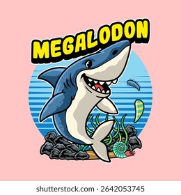 Cute Megalodon Aquatic Character Mascot in Vector Cartoon Illustration