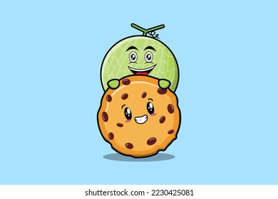 Cute Melon cartoon character hiding in biscuits illustration in flat modern design