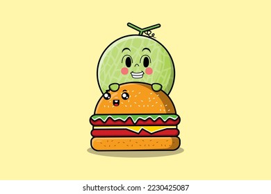 Cute Melon cartoon character hiding in burger illustration in flat modern design