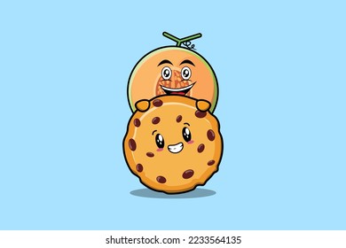Personaje de dibujos animados Cute Melon escondido en una ilustración de galletas de diseño moderno plano