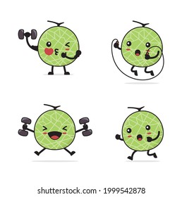 cute melon cartoon. With fitness concept isolated on white background