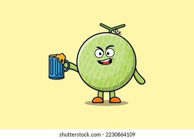 Cute Melon cartoon mascot character with beer glass and cute stylish design flat illustration