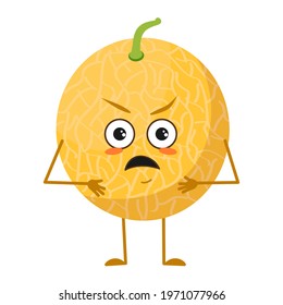 Cute melon character with angry emotions, face, arms and legs. The funny or grumpy food hero, fruit. Vector flat illustration