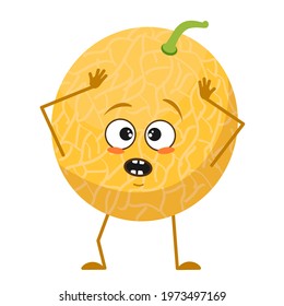 Cute melon character with emotions in a panic grabs his head, face, arms and legs. The funny or sad food hero, fruit. Vector flat illustration