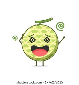 Die feine Melone fühlt sich schwindelig, einzeln auf weißem Hintergrund. Melon-Zeichentrickgrafik