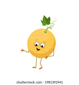 Cute melon character with joy emotions, smiling face, happy eyes, arms and legs. A mischievous vitamin fruit with eyes. Joyful food. Vector flat illustration