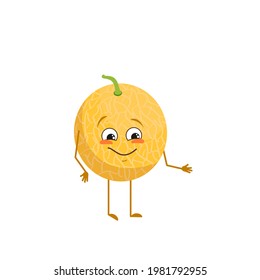 Cute melon character with joy emotions, smiling face, happy eyes, arms and legs. A mischievous vitamin fruit with eyes. Joyful food. Vector flat illustration