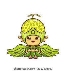 cute melon character. vegetable and fruit mascot with leaf wings. illustration in kawaii style. suitable for animation, children's content and all ages. for making cute patterns, bg, gift wrap