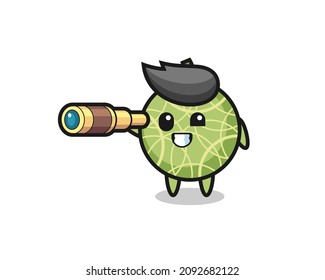 el personaje de la fruta del melón lindo sostiene un telescopio antiguo, diseño de estilo lindo para camisetas, pegatinas, elemento logo
