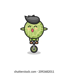 The cute melon fruit character is riding a circus bike , cute style design for t shirt, sticker, logo element