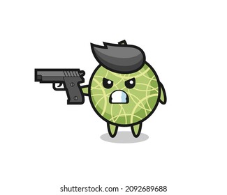 la tira del personaje de la fruta del melón lindo con una pistola , diseño de estilo lindo para camiseta, pegatina, elemento logo