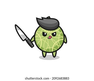 linda mascota de la fruta del melón como psicópata sujetando un cuchillo, diseño de estilo lindo para camiseta, pegatina, elemento logo
