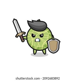tierno soldado de la fruta melón luchando con espada y escudo, diseño de estilo lindo para camiseta, pegatina, elemento logo