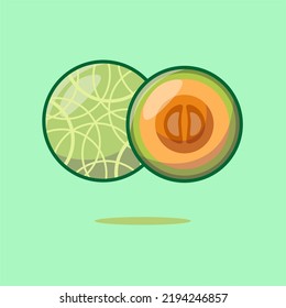 Cute Melon icon vector illustration. Melon, whole and slices, flat style vector illustration isolated on green